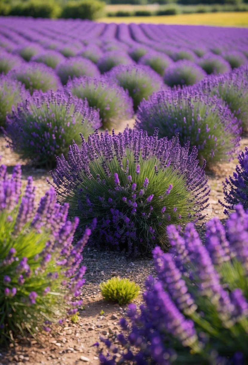 A field of blooming lavender stretches out with 47 garden plots, each filled with vibrant purple flowers and buzzing with bees