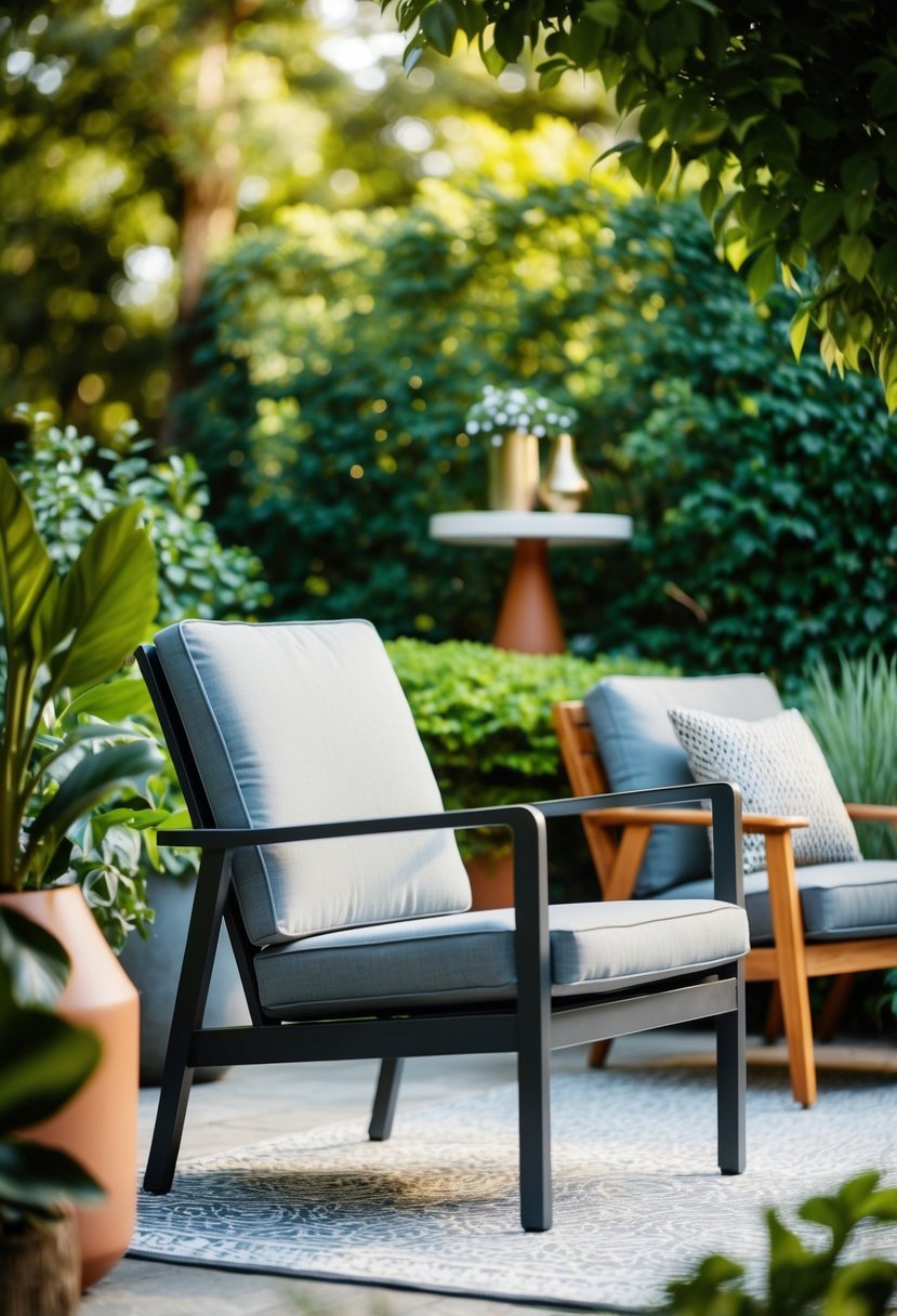 A sleek Mid-Century Modern patio chair surrounded by lush greenery and stylish outdoor decor