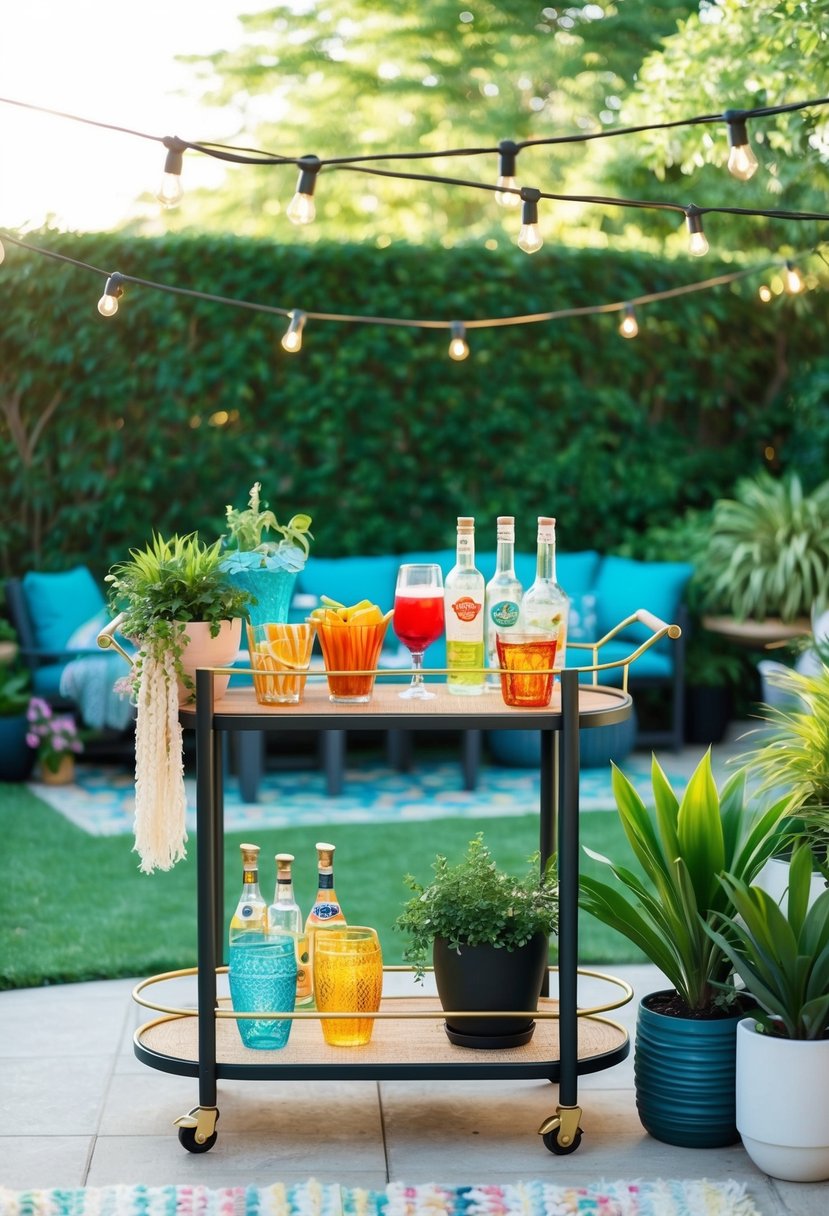 An outdoor bar cart adorned with colorful drinkware, potted plants, and string lights, set against a backdrop of a lush patio garden