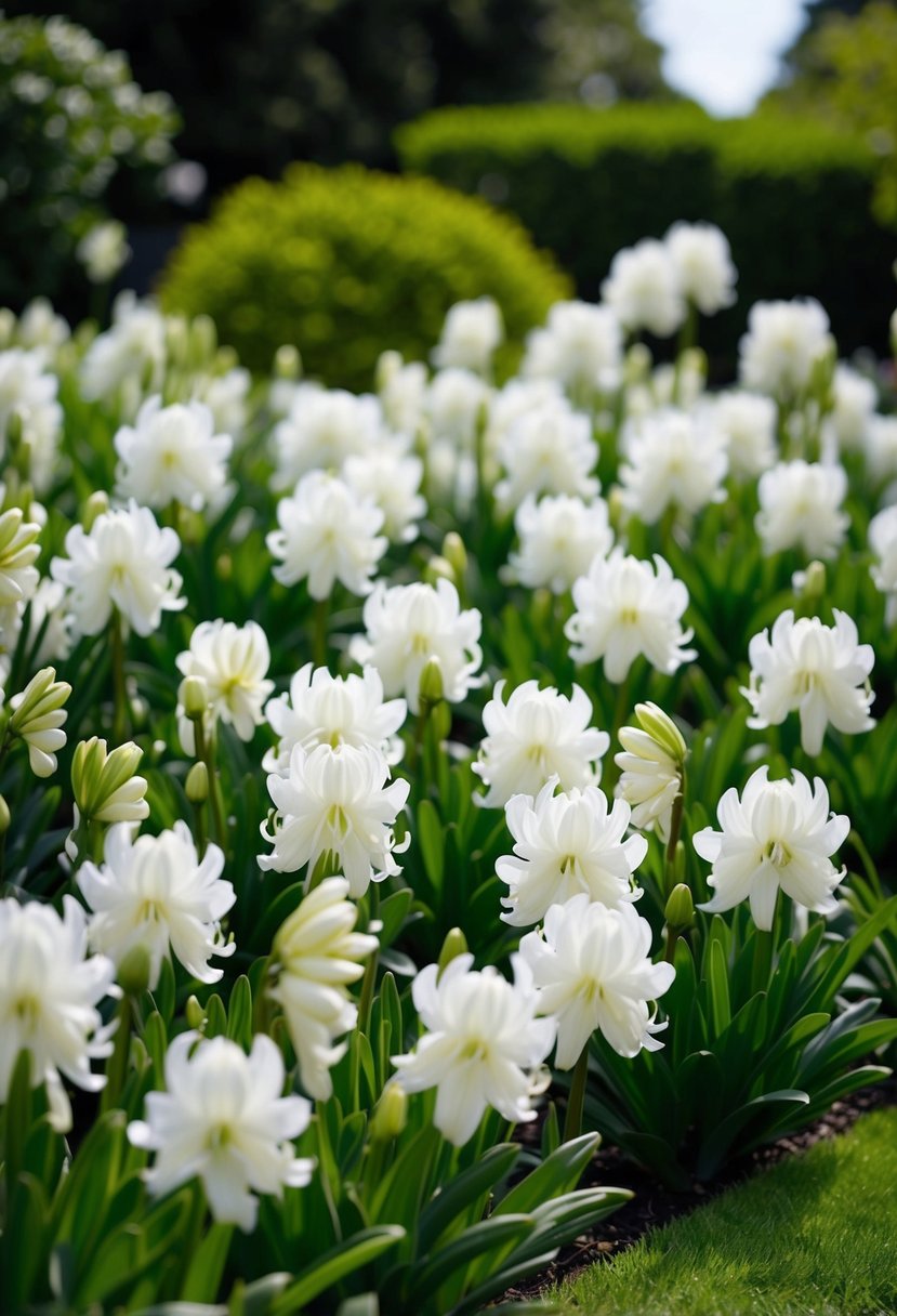 A lush garden filled with blooming Agapanthus 'Snowy White' in various shades of white and green, creating a serene and elegant atmosphere