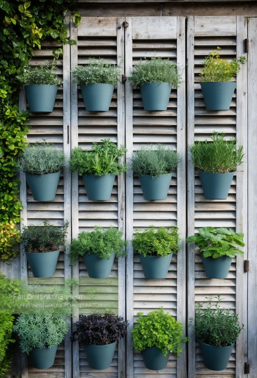 A weathered shuttered wall adorned with 22 herb-filled planters creates a rustic garden backdrop