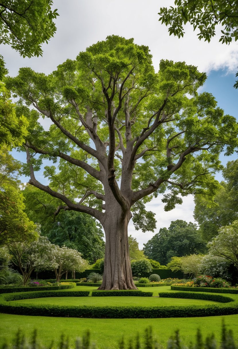 A sprawling sycamore tree stands in a lush garden surrounded by numerous other trees