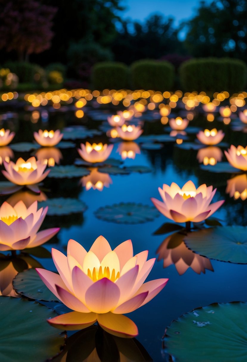 Twenty-five garden ponds glow with solar-powered floating lotus lights at night