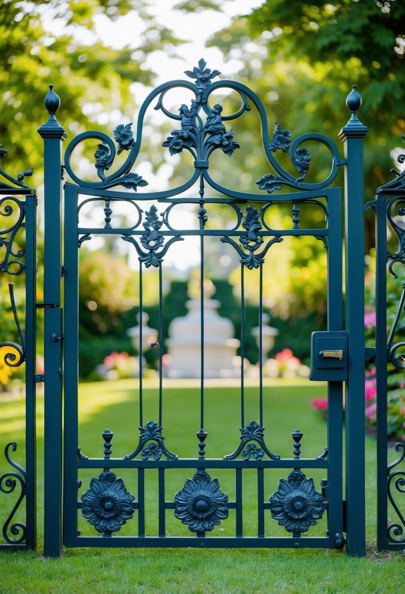 A decorative ironwork gate with intricate scrollwork and floral motifs stands as the entrance to a lush garden
