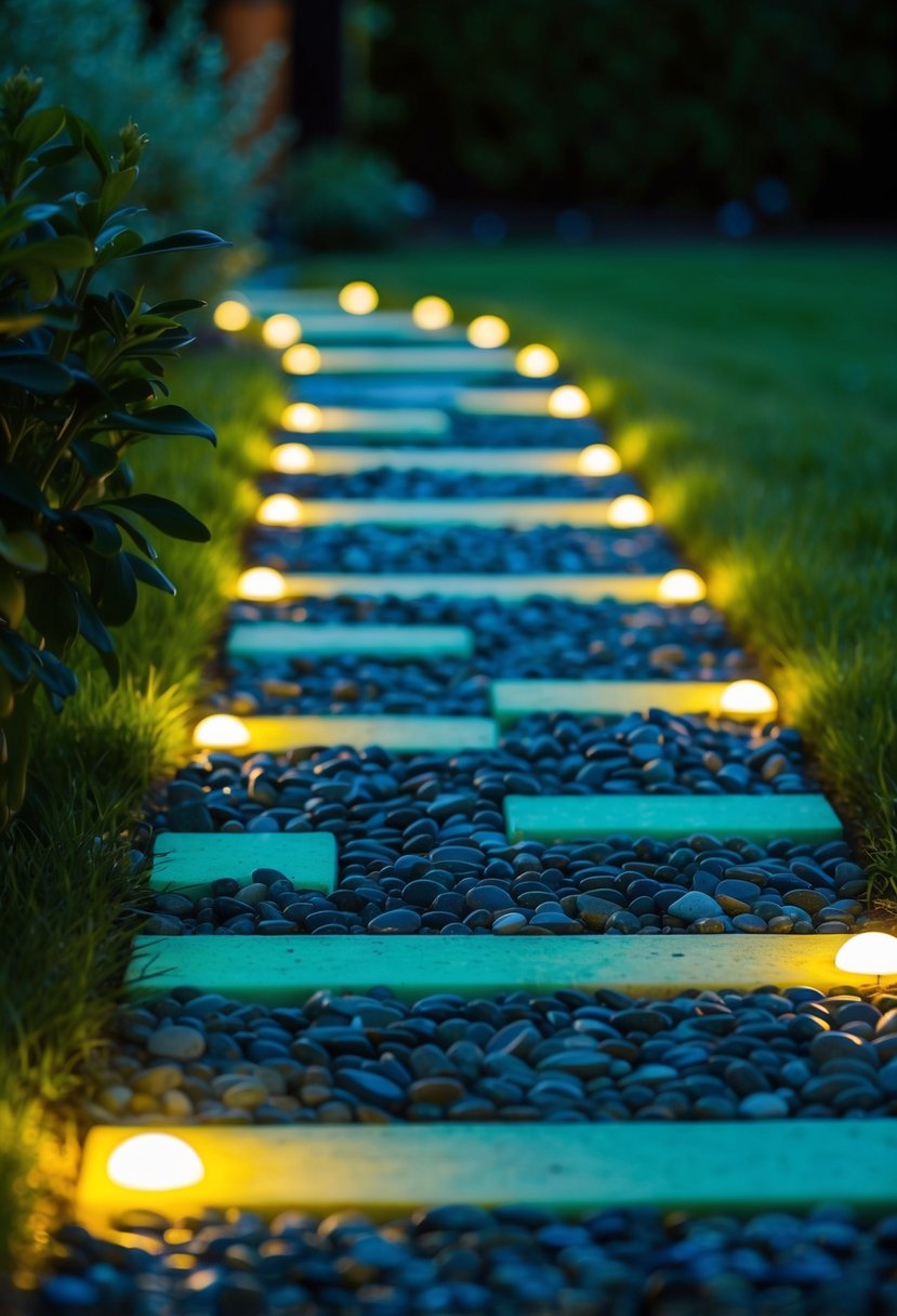 A garden path lined with glow-in-the-dark pebbles, illuminating the way at night
