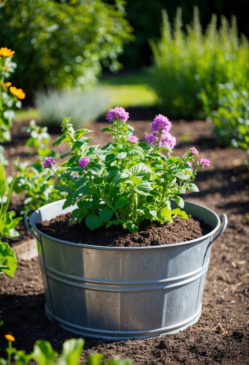 A metal wash tub filled with soil and blooming plants sits in a garden, serving as a unique and rustic bed for growing flowers or vegetables