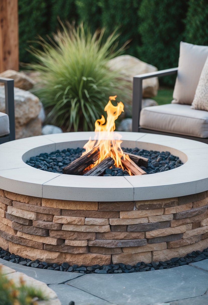 A circular fire pit made of sandstone and stucco, surrounded by natural elements such as rocks, plants, and possibly a seating area