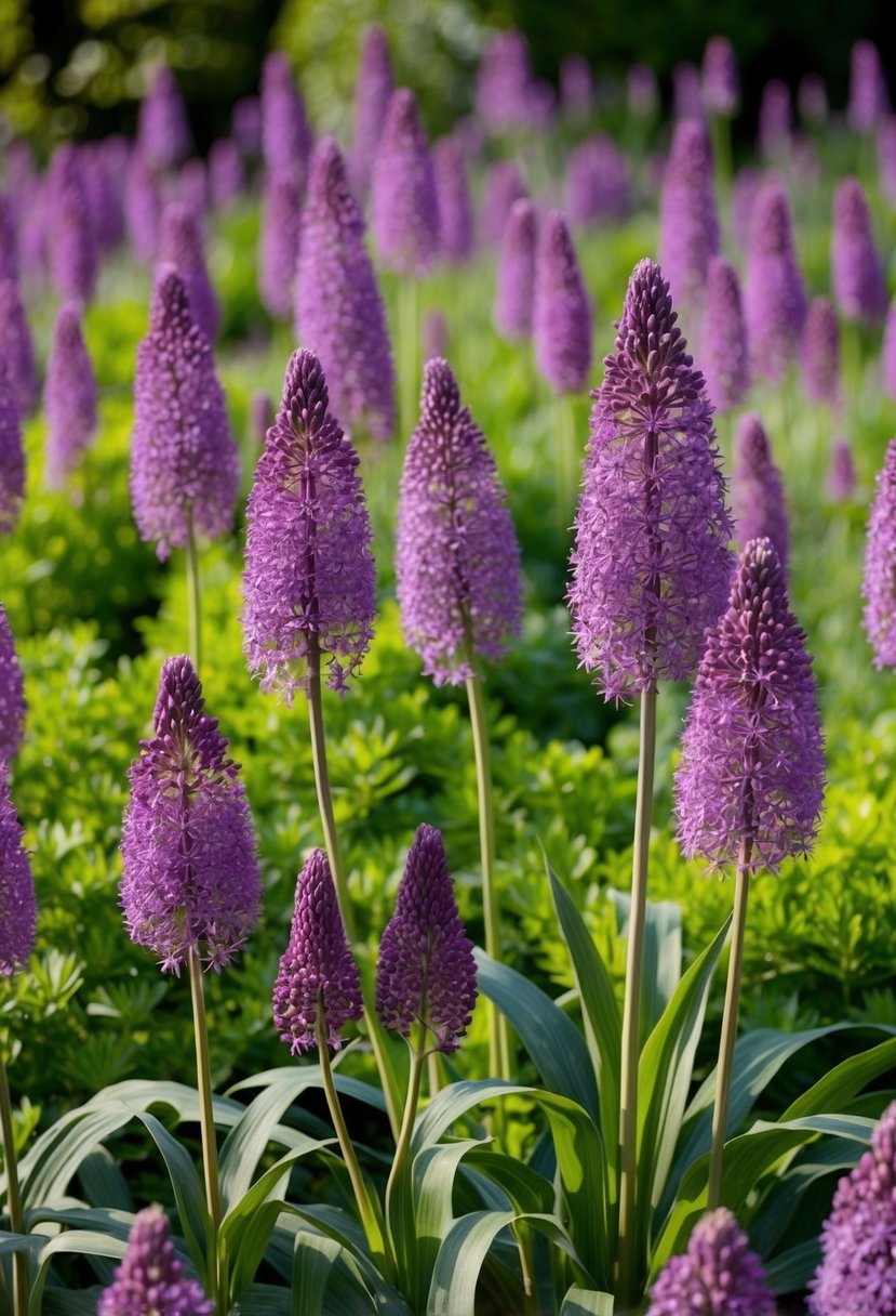 A lush garden filled with vibrant purple allium flowers in full bloom. Tall stems sway gently in the breeze, creating a stunning display of color and texture