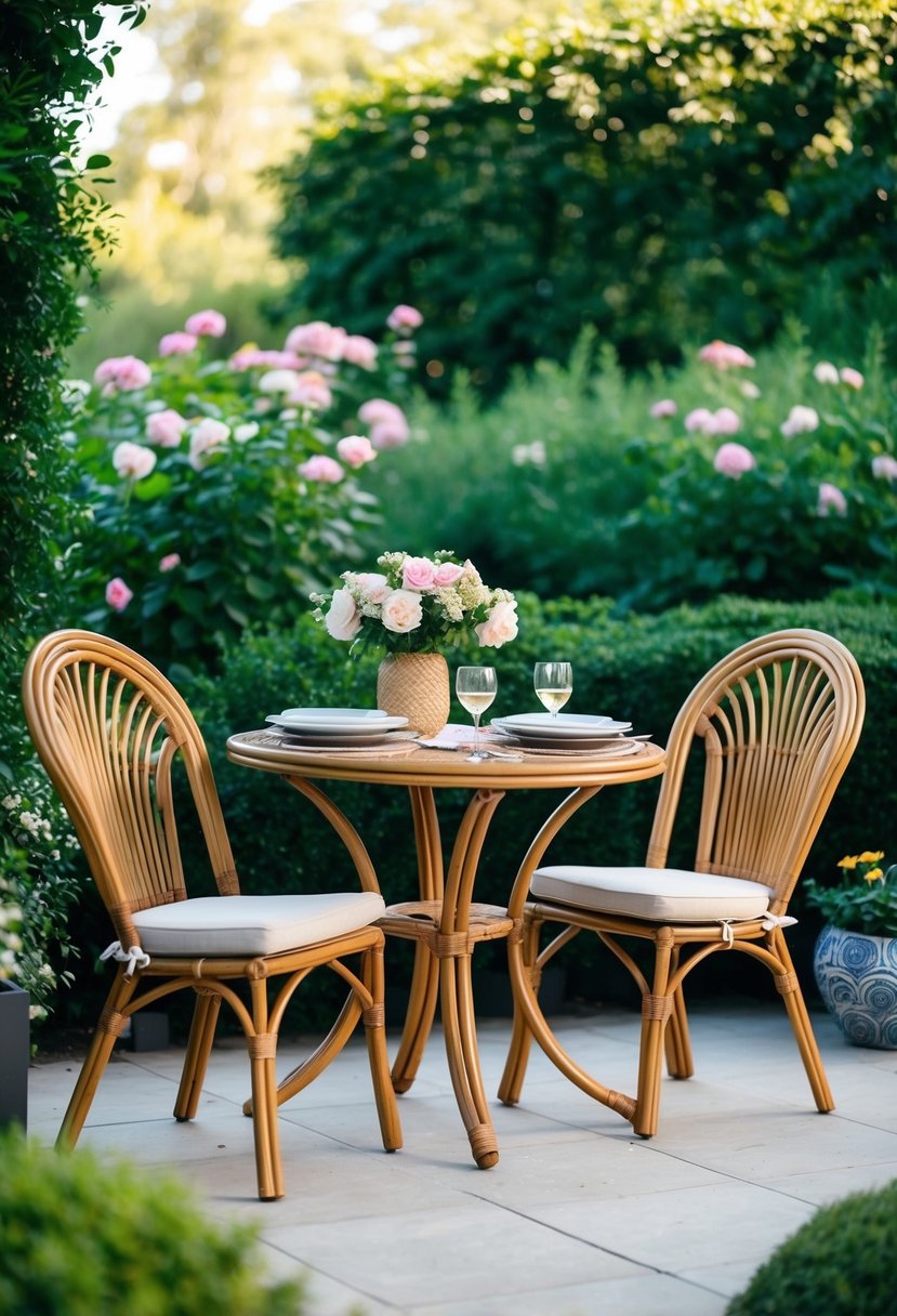 A cozy outdoor patio with a rattan bistro set surrounded by lush greenery and blooming flowers