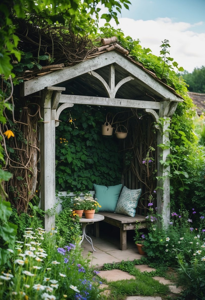 A cozy, overgrown garden alcove with a weathered pergola, surrounded by wildflowers and winding vines
