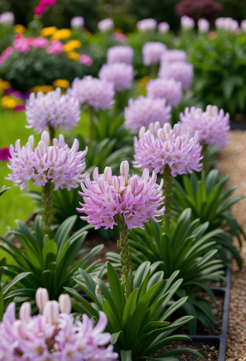 A lush garden with rows of blooming Agapanthus 'Queen Mum' plants in full bloom