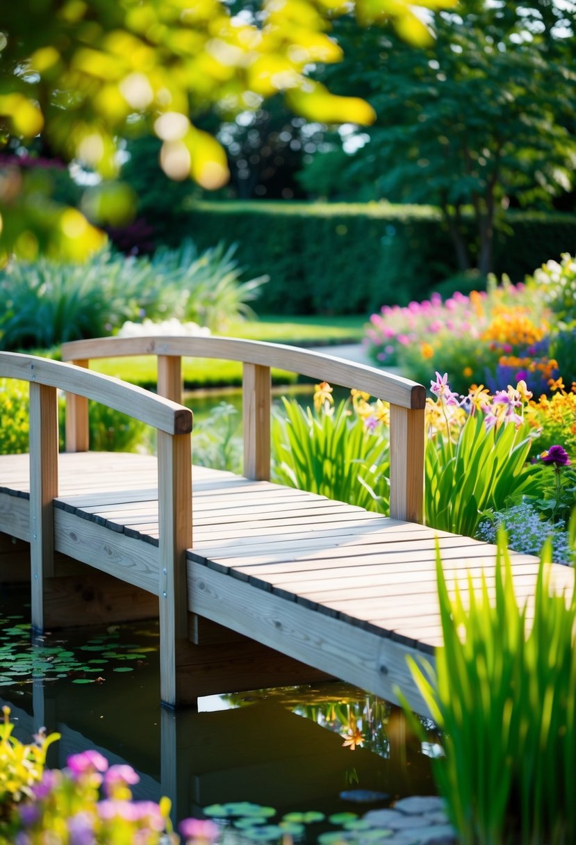 A wooden bridge stretches over a serene garden pond, surrounded by lush greenery and colorful flowers