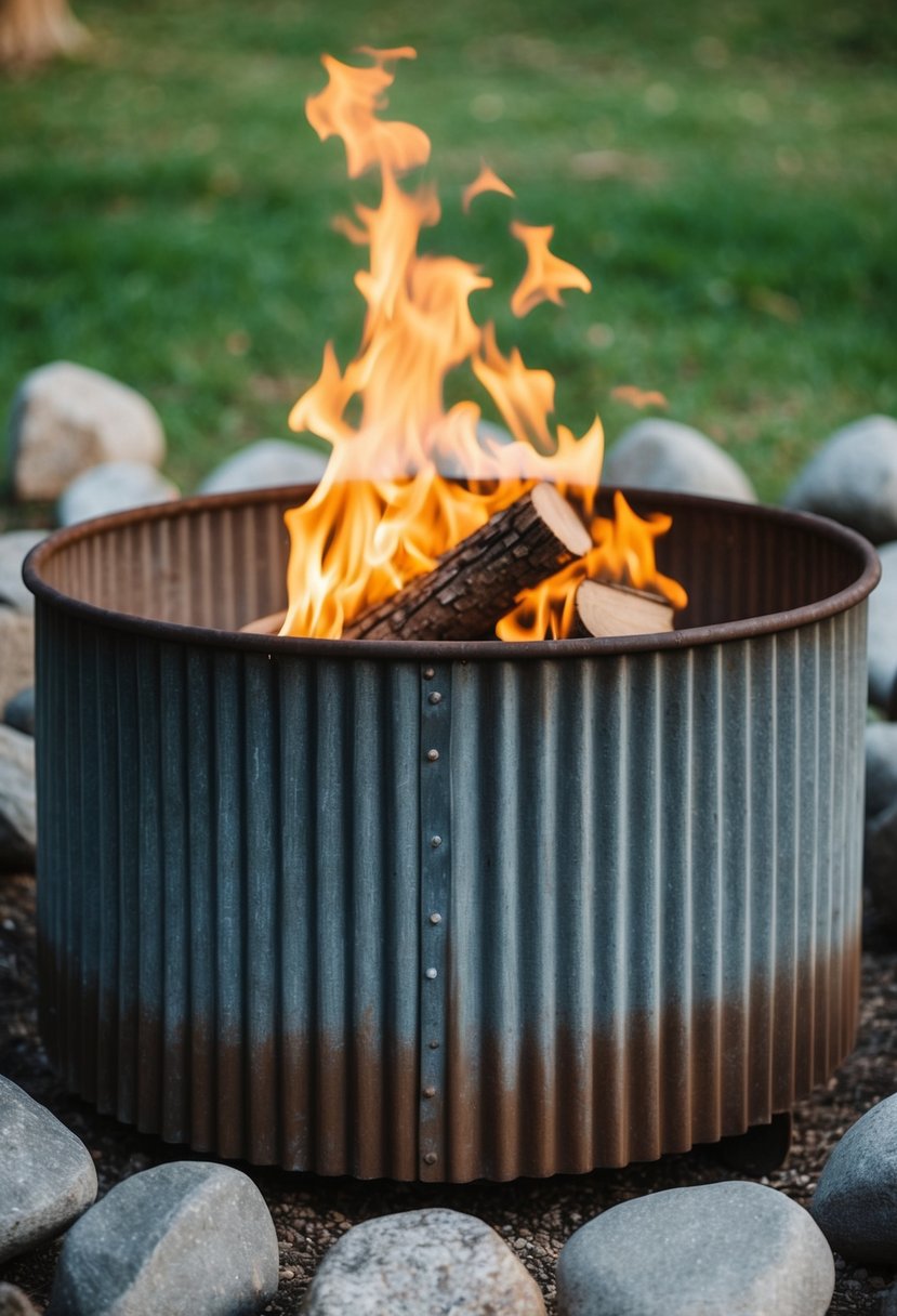 A rustic fire pit made of corrugated steel, surrounded by a circle of stones, with logs and flames inside