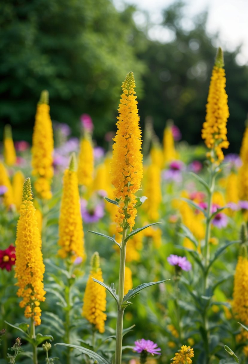 Stiff goldenrod and wildflowers fill a vibrant garden scene
