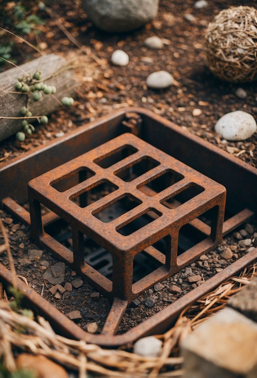 A rusted metal grate pit surrounded by rustic elements and natural materials