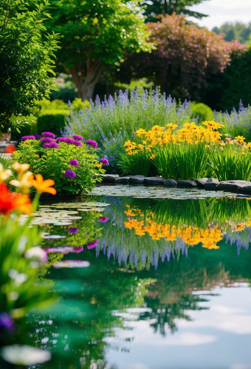 A tranquil pond reflects the surrounding garden, with colorful flowers and lush greenery