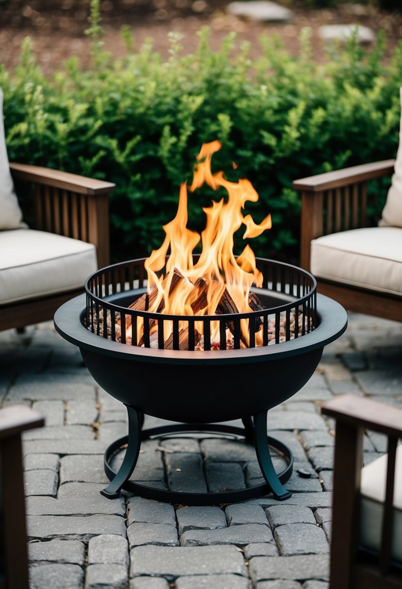 A small fire pit with a metal fire basket surrounded by outdoor seating and greenery