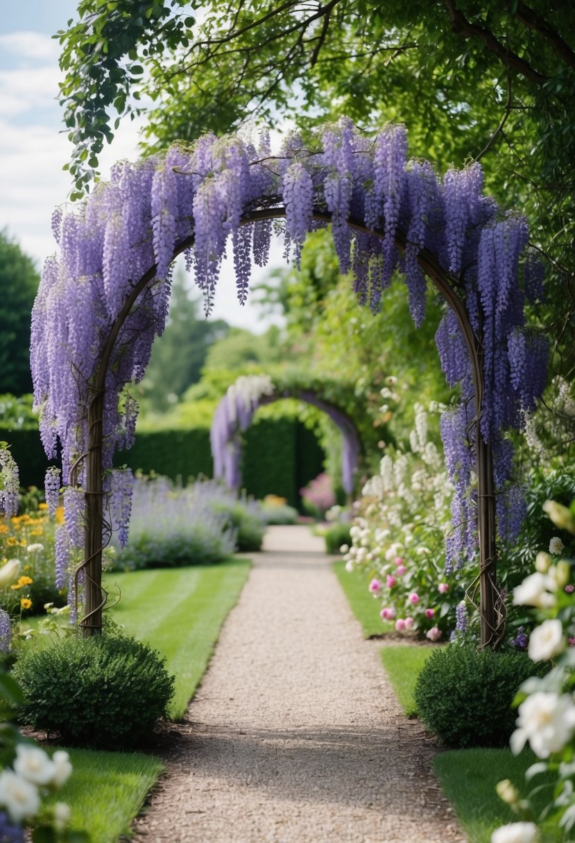 A wisteria vine arch spans a garden path, surrounded by blooming flowers and lush greenery
