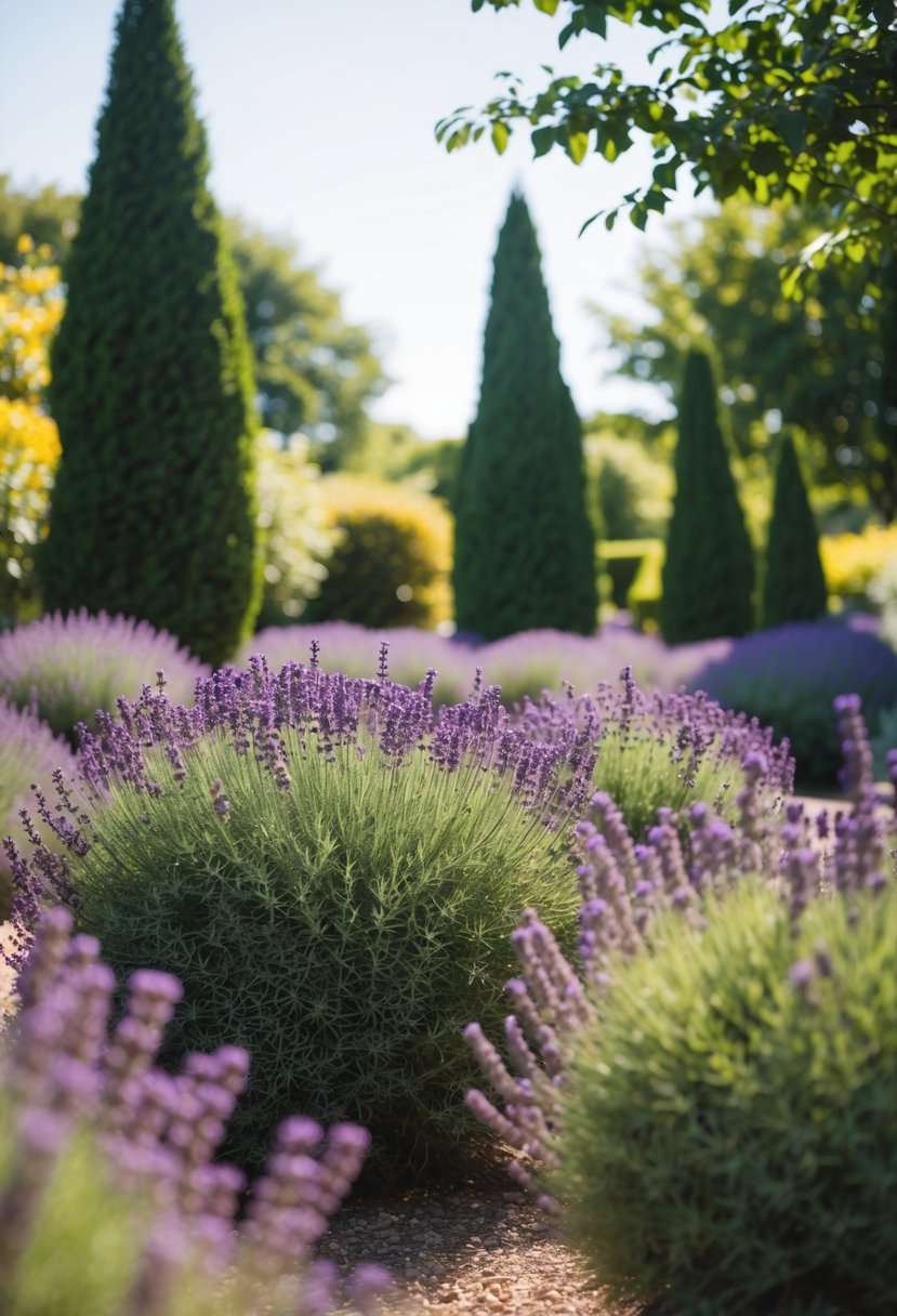 A serene garden filled with lavender bushes, shaded by tall trees
