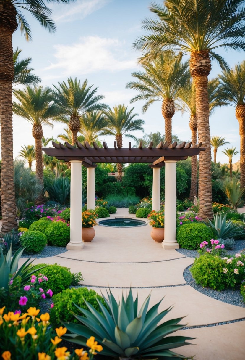 A desert oasis with lush gardens surrounding a pergola, nestled among palm trees and colorful flowers, with a serene and tranquil atmosphere