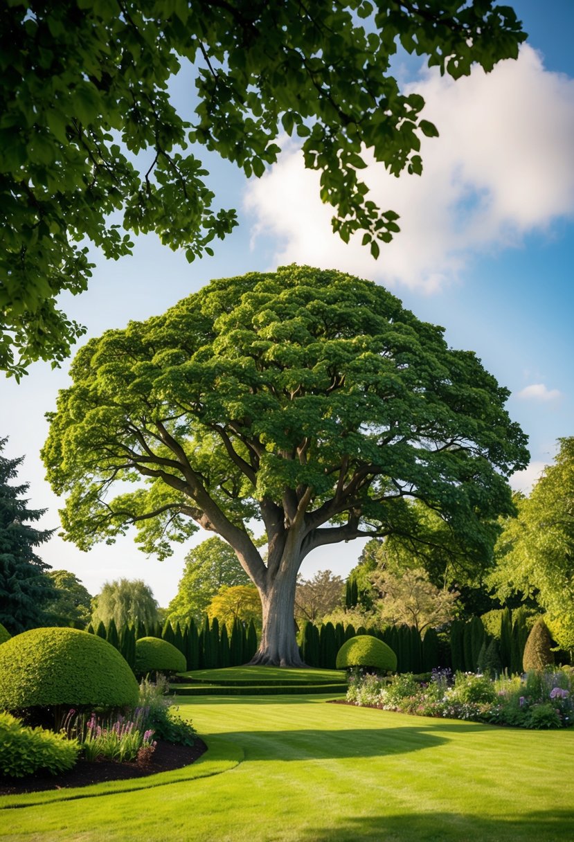 A serene garden with a majestic ash tree surrounded by lush greenery and other trees