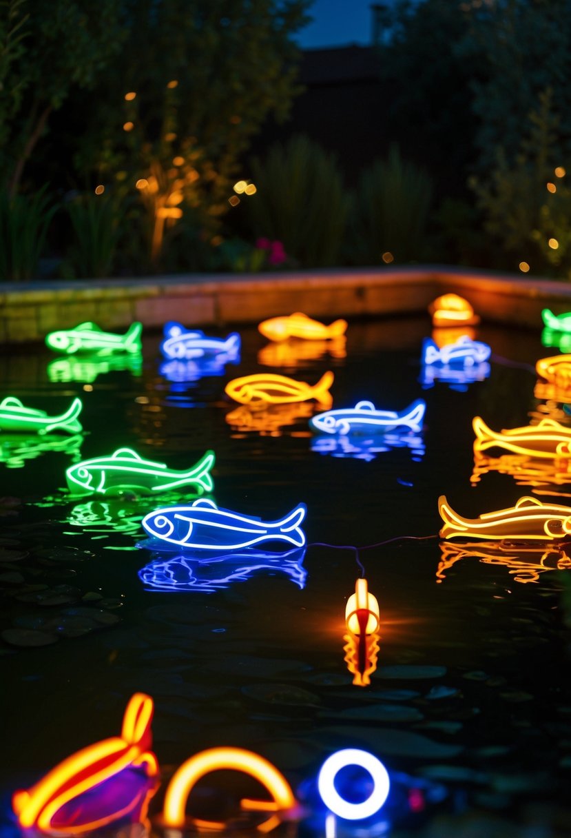 Neon fish decorations illuminate 25 garden ponds at night