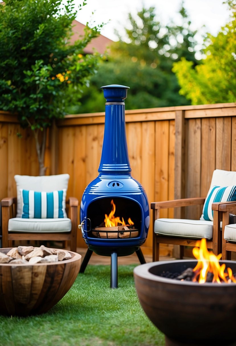 A cozy backyard with a portable chiminea as the focal point, surrounded by rustic fire pit ideas