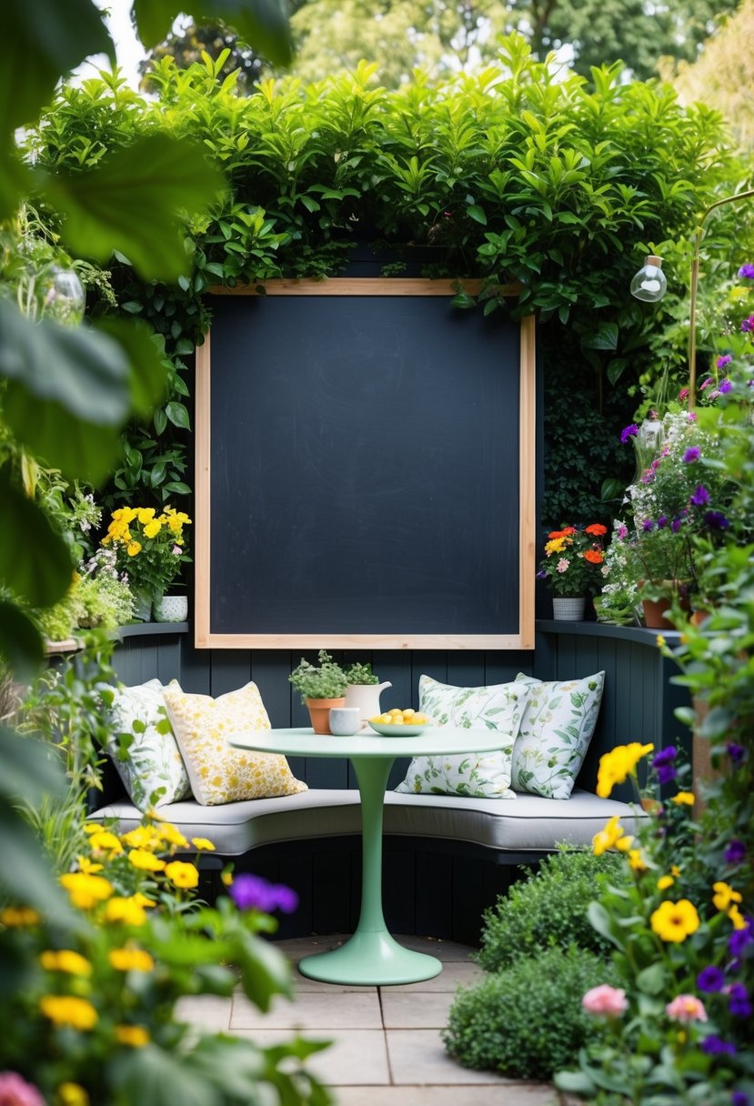 A cozy garden nook with a large outdoor chalkboard surrounded by lush greenery and colorful flowers