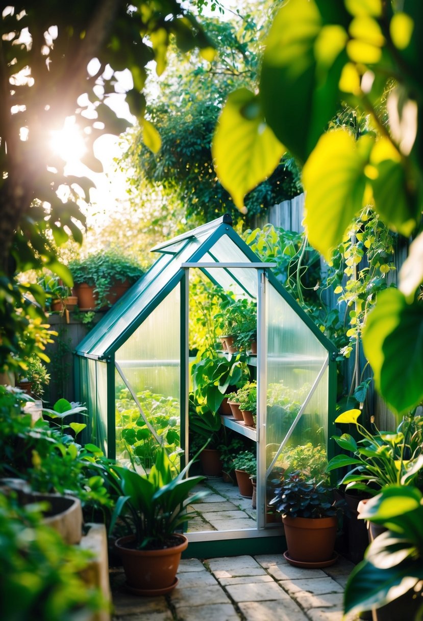 A small greenhouse nestled in a lush garden nook, filled with vibrant green plants and bathed in warm sunlight