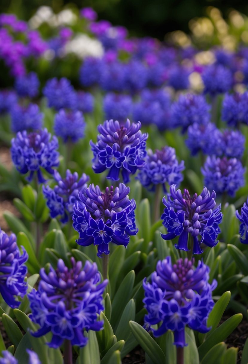 A garden filled with vibrant Agapanthus 'Navy Blue' flowers in full bloom, creating a stunning display of purple and blue hues