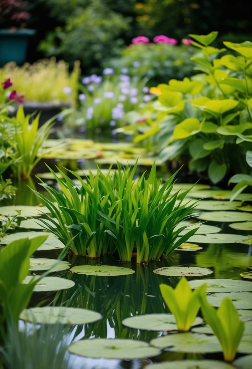 Lush aquatic plants fill a serene garden pond, creating a tranquil and natural scene