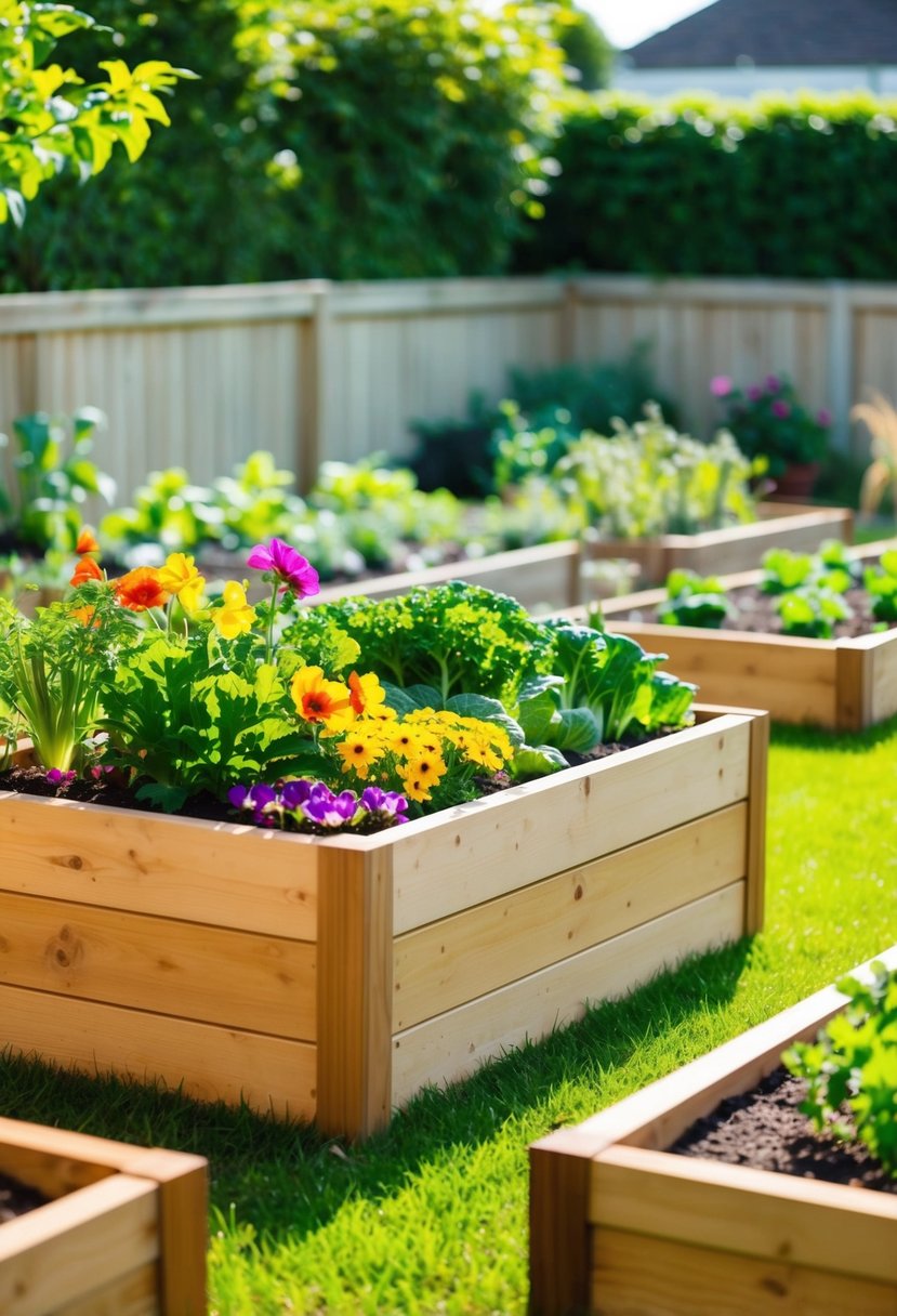 A sunny backyard with a wooden raised planter box filled with vibrant flowers and vegetables, surrounded by neatly arranged raised garden beds
