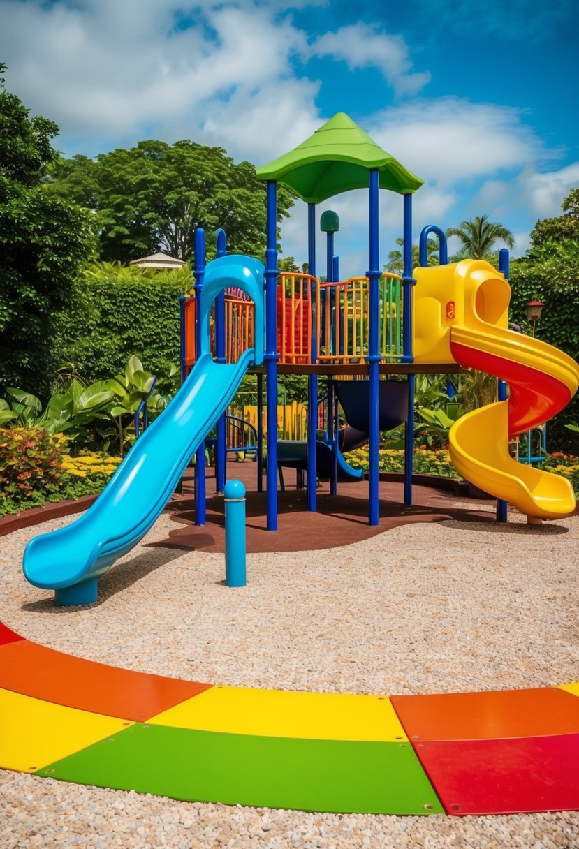 A colorful playground surrounded by lush gardens and a rainbow slide plaza