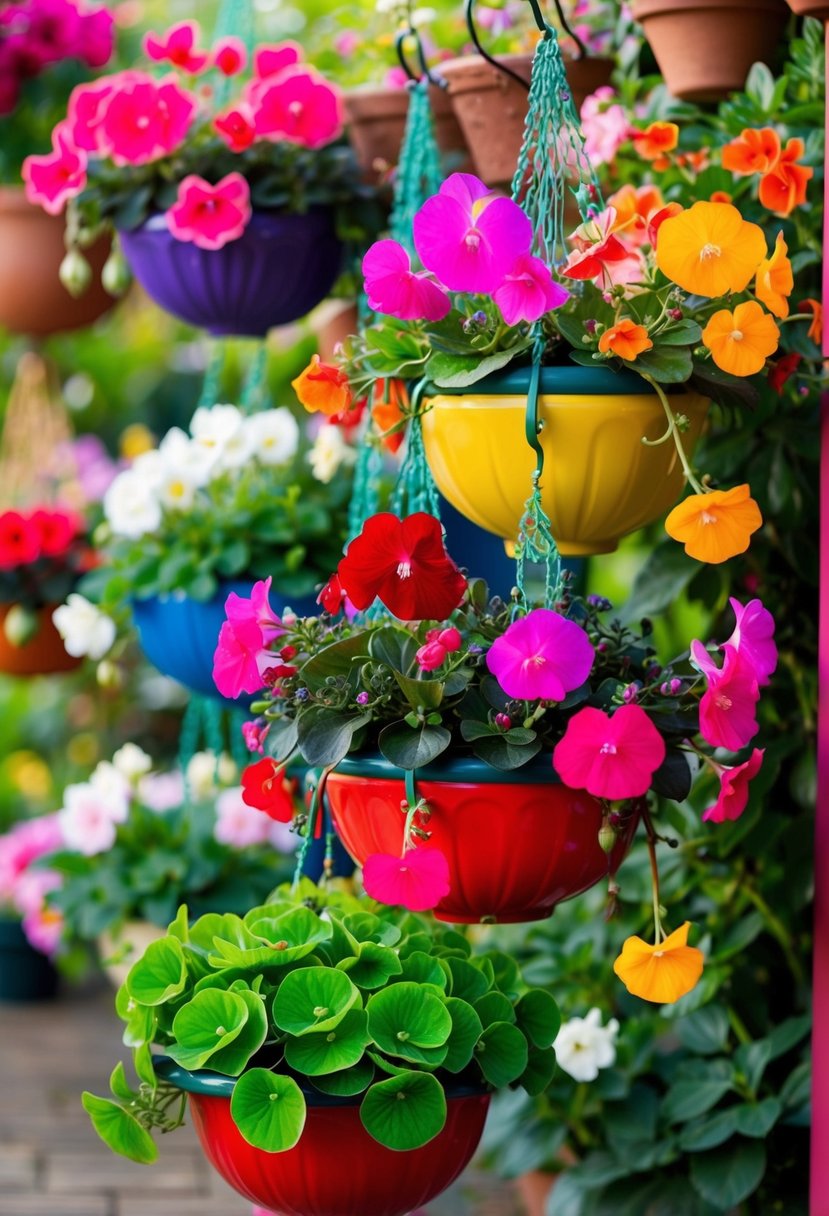 A colorful array of Begonia 26 hanging basket plants, cascading from hooks in a vibrant garden setting