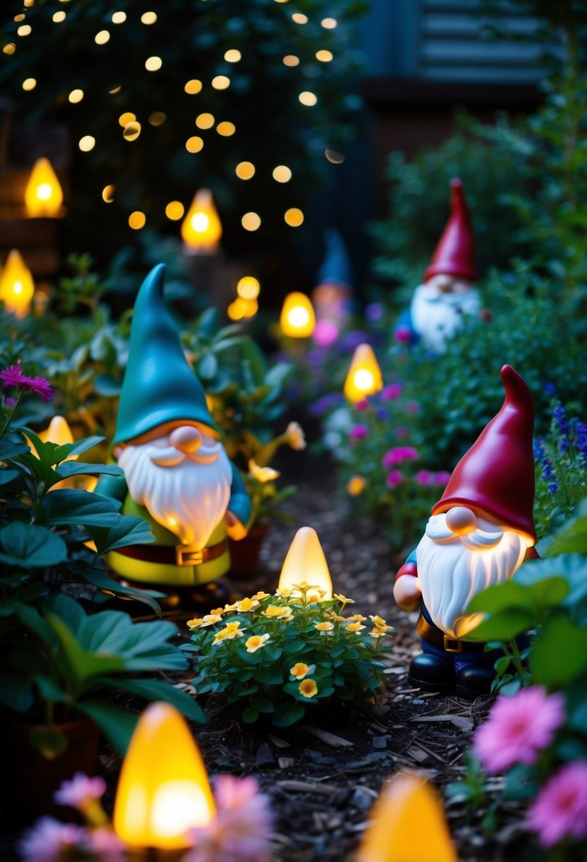 A cozy garden with glowing gnome-shaped lights scattered among the plants and flowers, creating a whimsical and enchanting atmosphere