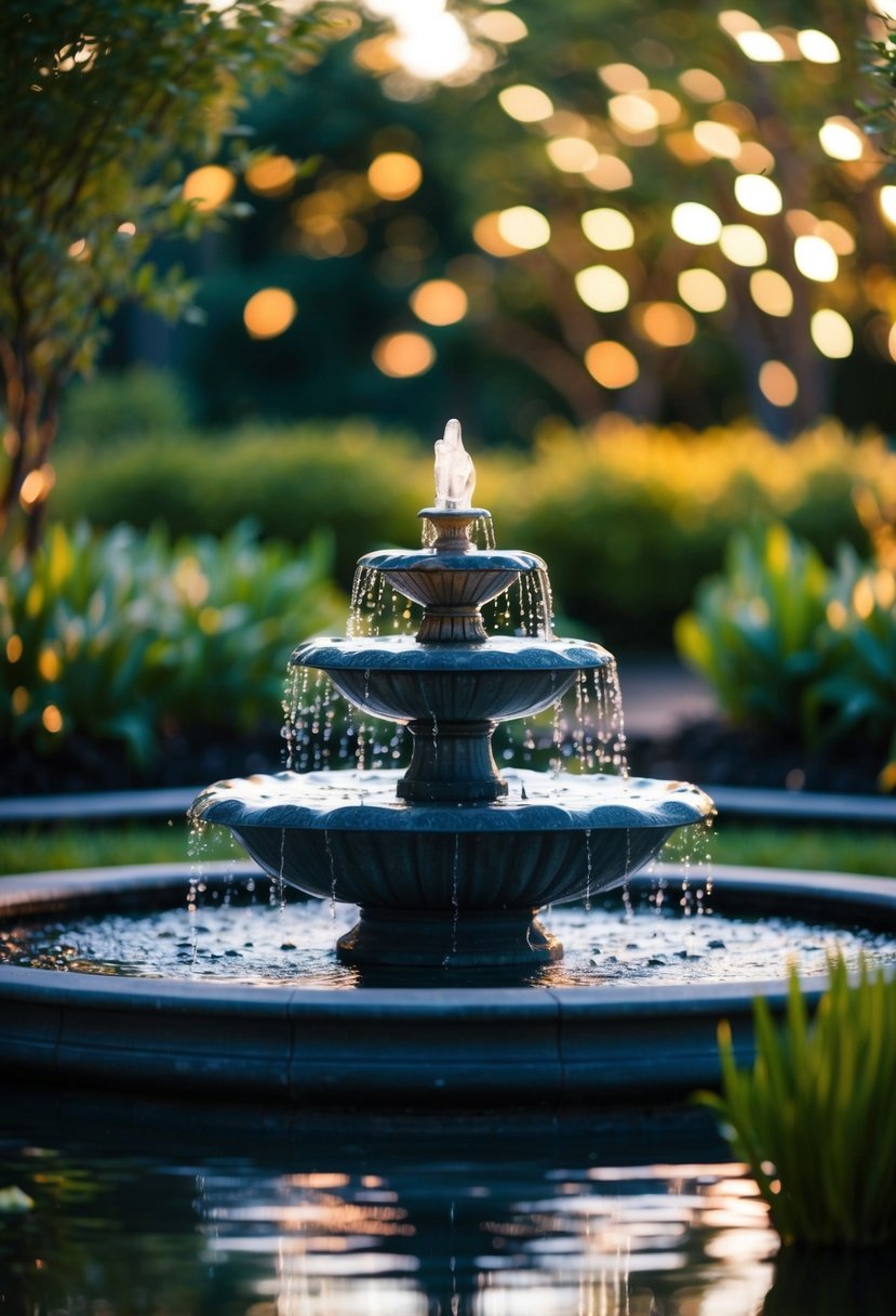 Softly lit fountain surrounded by 39 garden water features creates a tranquil mood