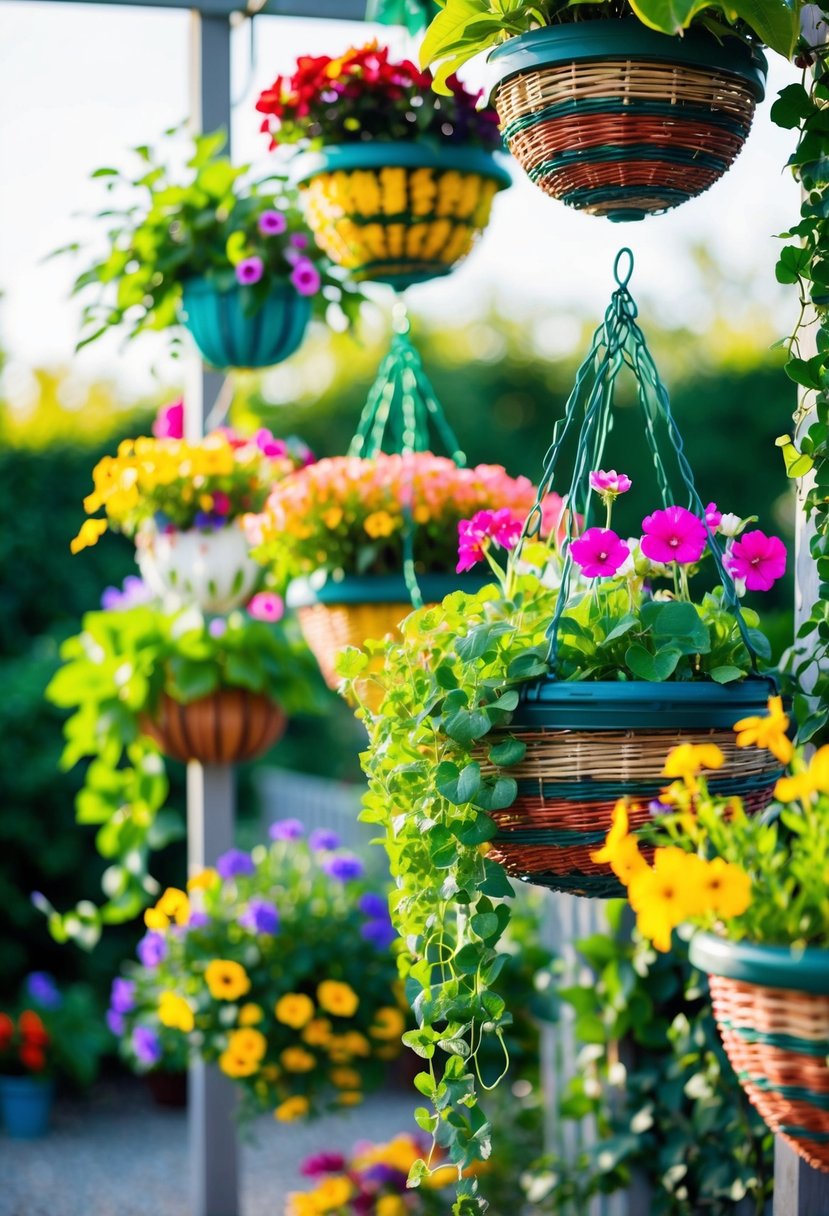 A variety of colorful and lush hanging basket plants arranged in an outdoor garden setting, with a mix of flowers, foliage, and trailing vines
