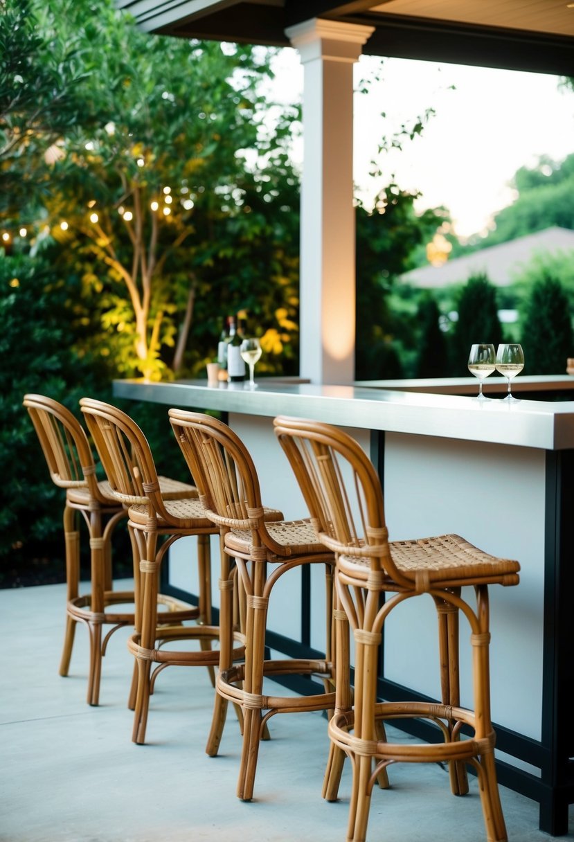 Several rattan bar stools arranged around a sleek patio bar. Lush greenery and warm lighting create a cozy outdoor atmosphere