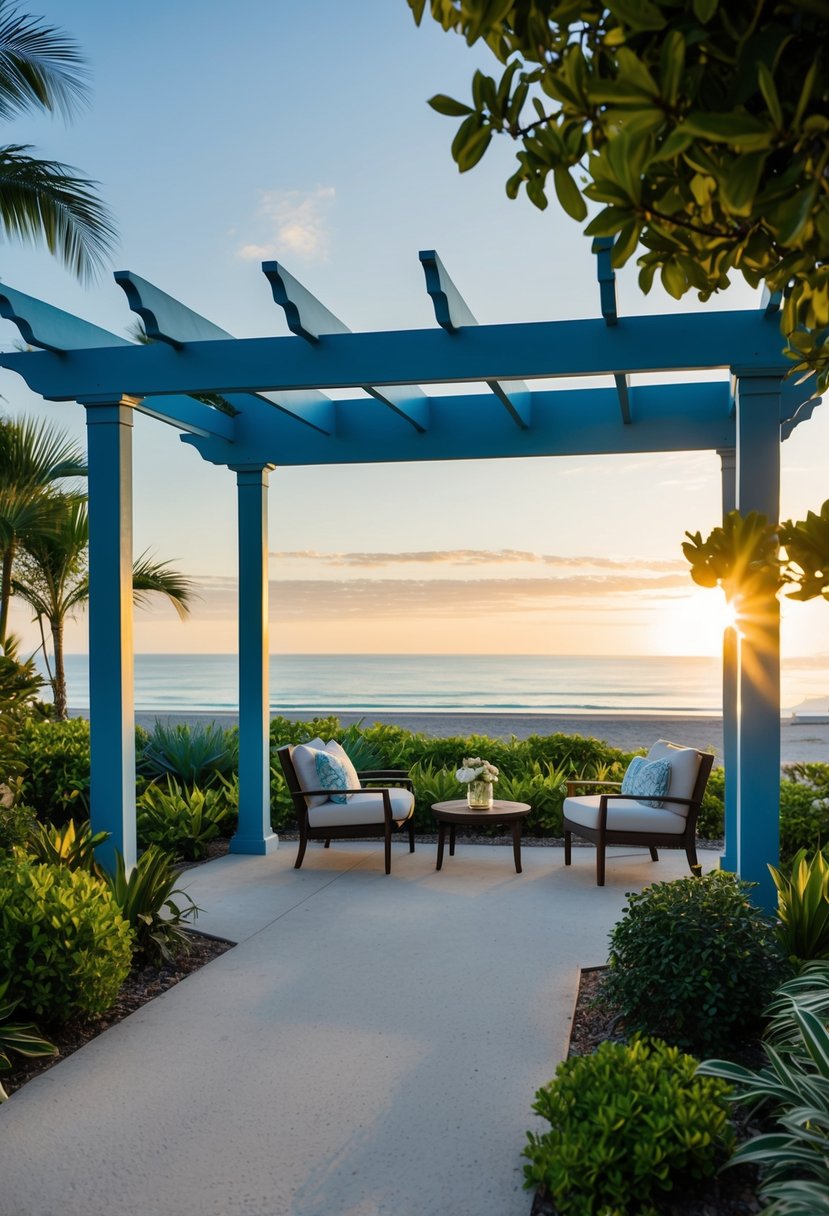 A beachside pergola surrounded by lush gardens, with a view of the ocean and a peaceful escape