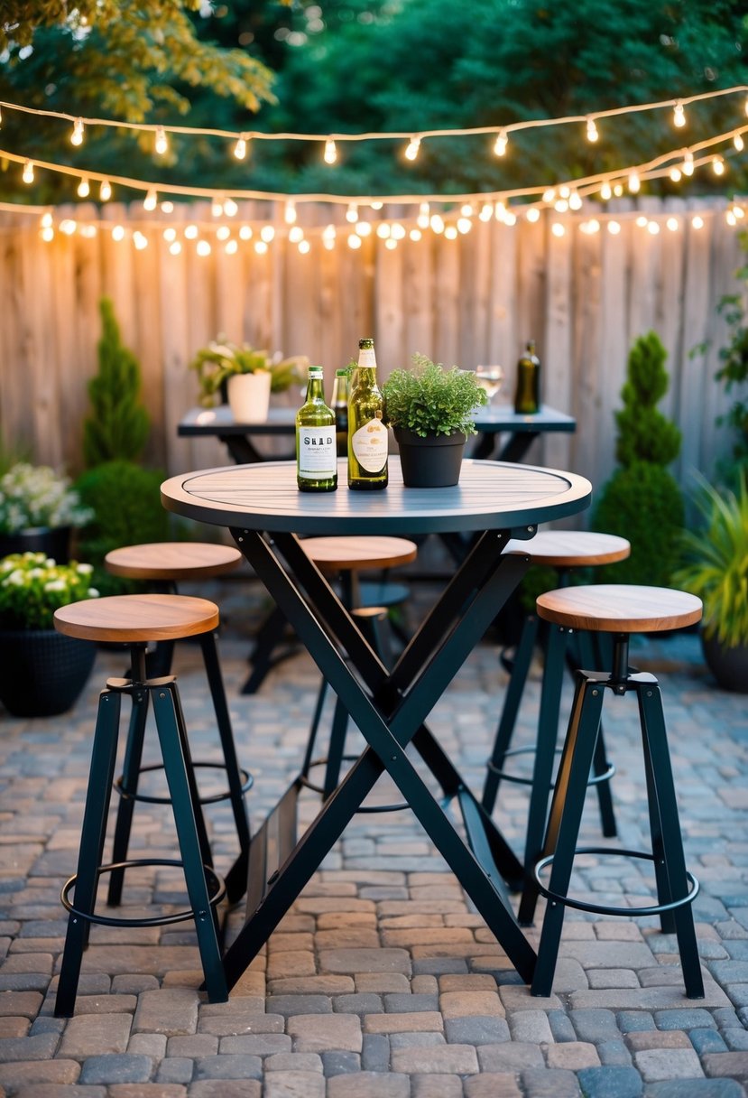 A foldable bar table surrounded by 23 patio bar ideas, including stools, plants, and string lights