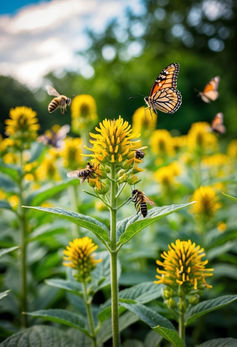 A lush garden filled with milkweed flowers in full bloom, attracting butterflies and bees