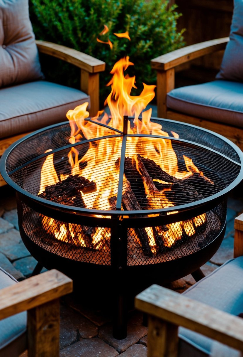 A crackling fire pit with a steel mesh cover, surrounded by rustic outdoor seating and illuminated by the warm glow of the flames