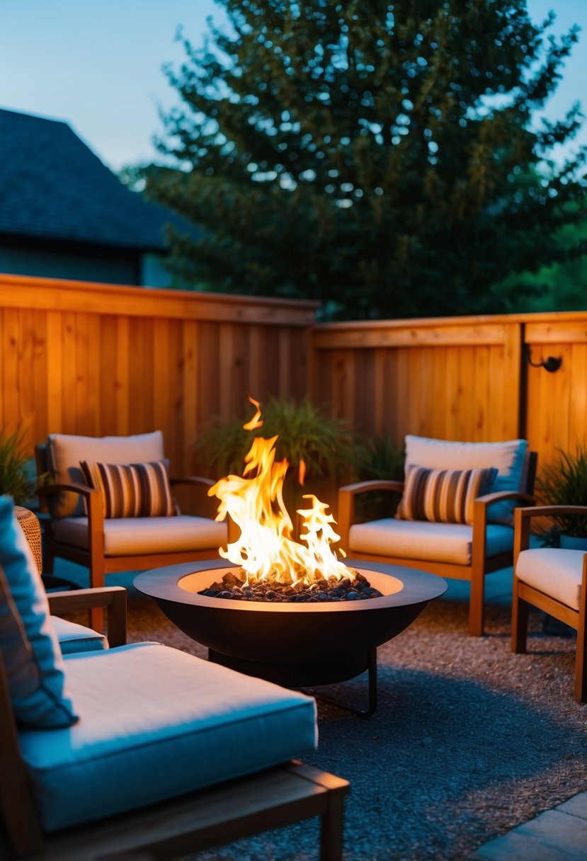 A cozy backyard with a small fire pit surrounded by seating, illuminated by the warm glow of the flames on a clear evening