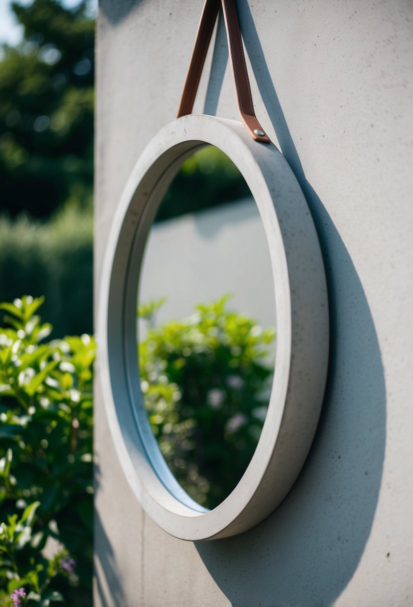 A sleek concrete mirror hangs on a garden wall, reflecting the surrounding greenery