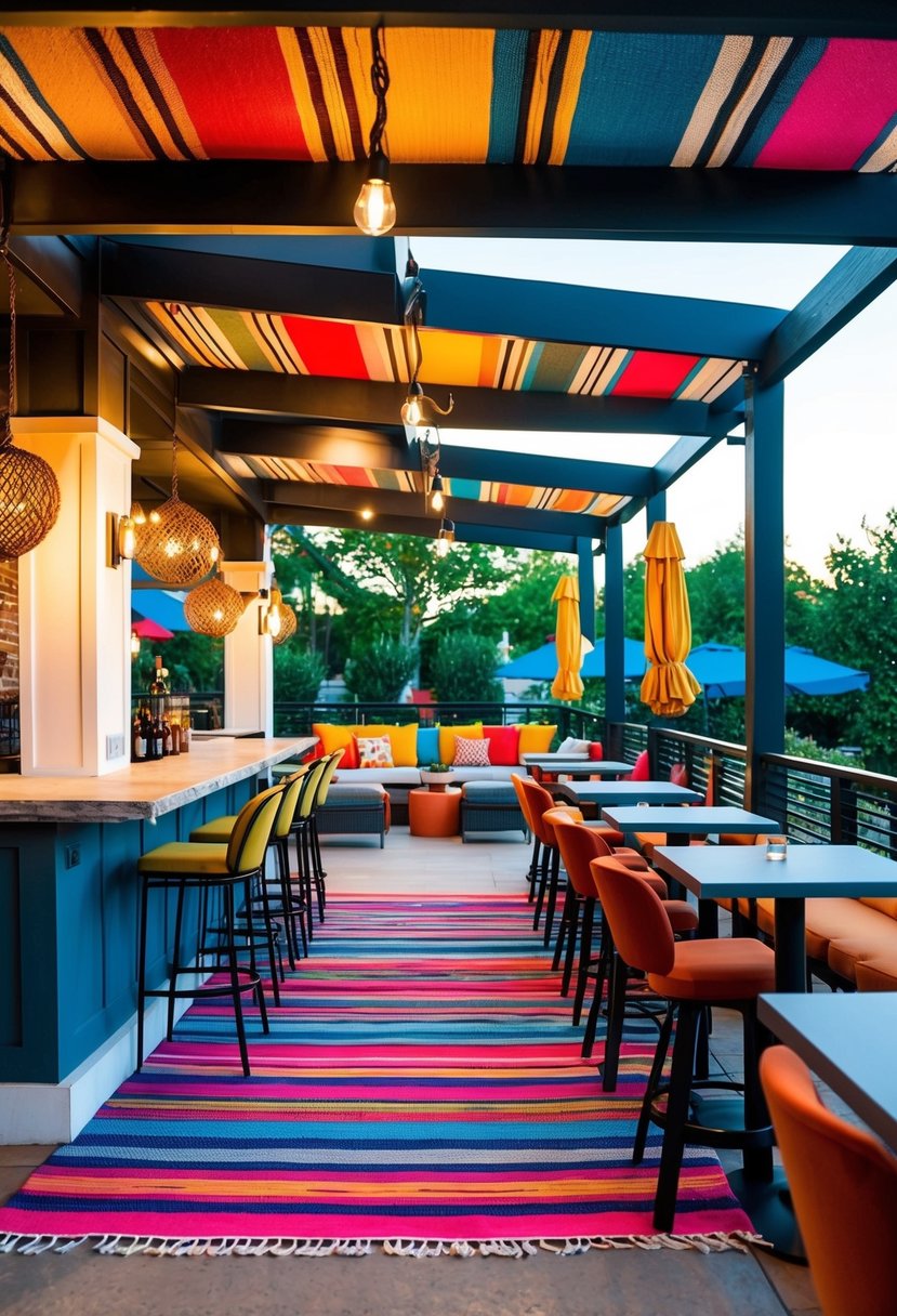 A vibrant outdoor patio with a variety of colorful rugs, surrounded by bar seating and decorative lighting