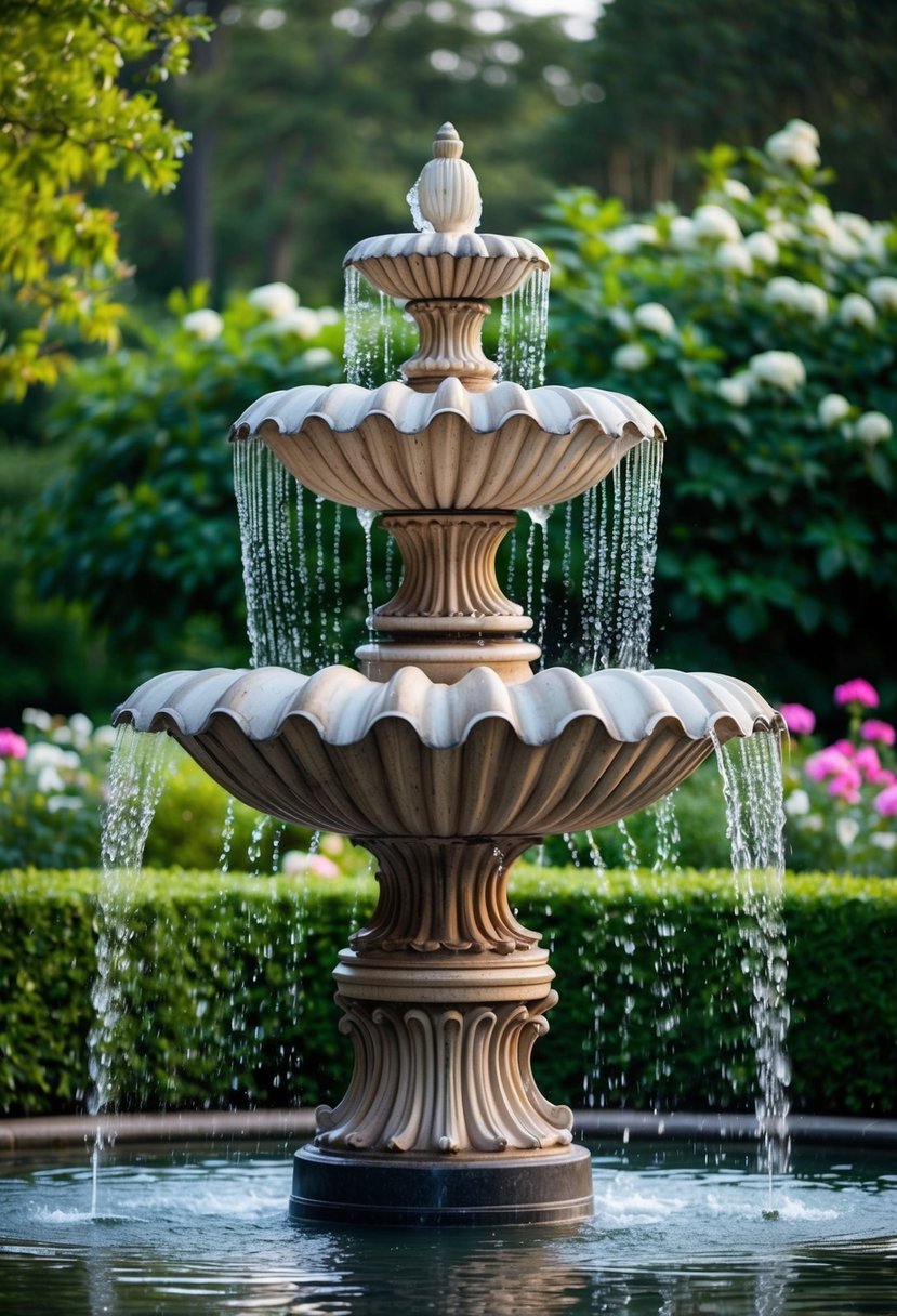 A grand Victorian shell fountain surrounded by lush greenery and blooming flowers, with water cascading from the ornate shell-shaped basins