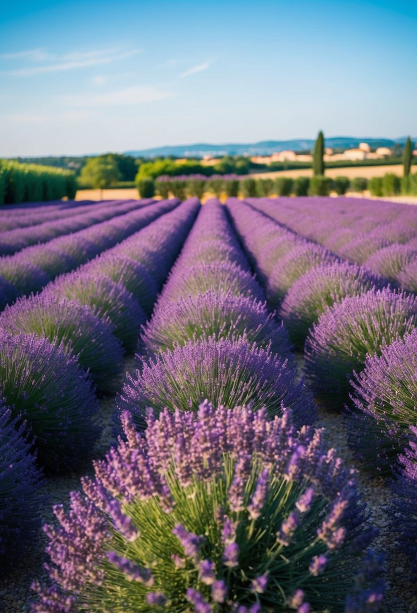 A lush lavender garden in Provence, with rows of fragrant purple flowers stretching towards the horizon under a clear blue sky