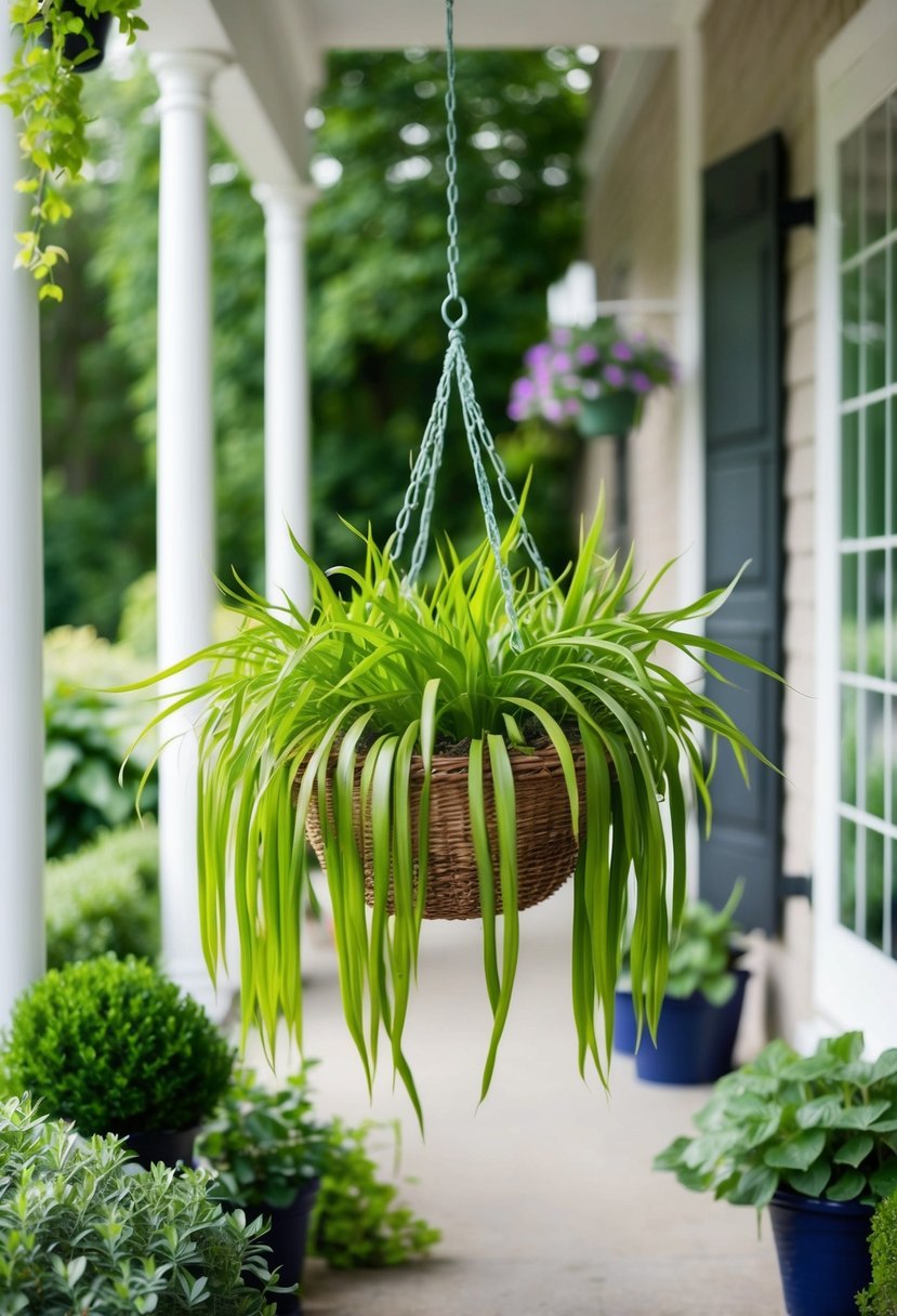 A hanging basket filled with licorice plants dangles from a porch, surrounded by other lush greenery