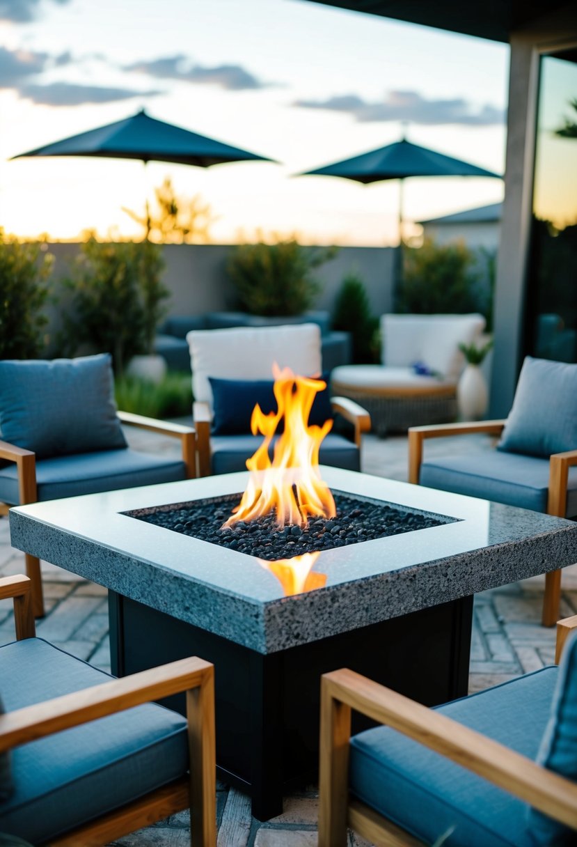 A sleek granite-top fire table surrounded by modern outdoor furniture, set against a backdrop of a stylish outdoor living space