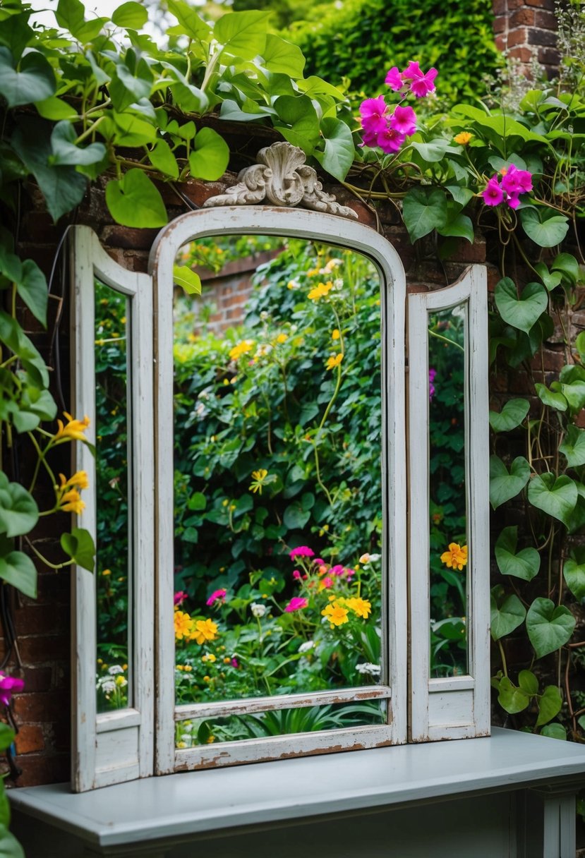 A weathered mantel mirror reflects a lush garden, surrounded by climbing vines and colorful flowers